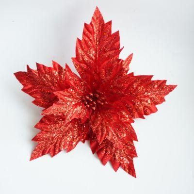 Hot Sale Artificial Simulation Velvet Xmas Poinsettias Flowers with Clip for Christmas Decoration