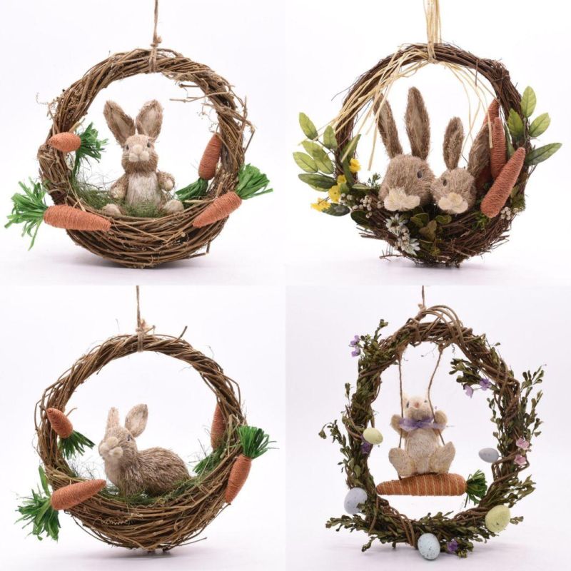 Best Seller Factoty Customized Handcraft Grass Home Table Standing Straw Rabbit Easter Bunny Basket Decoration