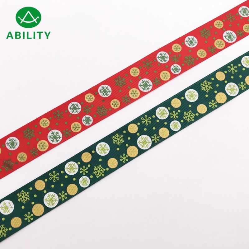 Hot Selling Polyester Snow Printed Chiristmas Grosgrain Ribbon