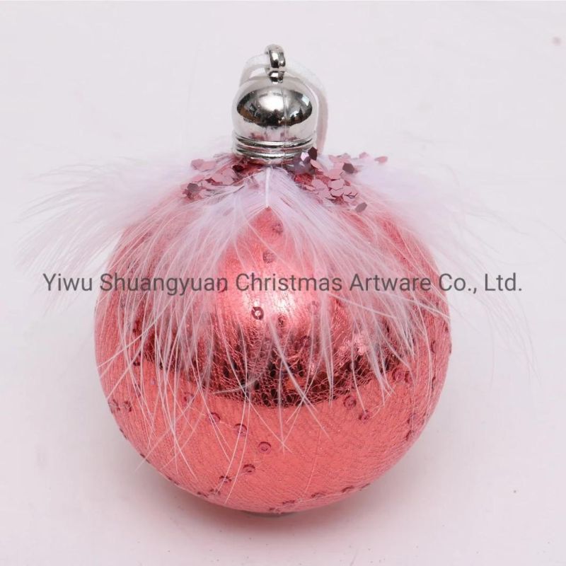8cm Christmas Ball Coral Red Shiny with Cloth and Feather