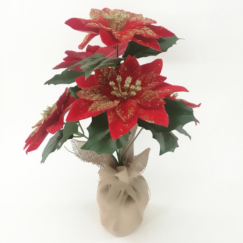 Hot Selling Artificial Simulation Christmas Flowers Poinsettias for Decoration Xmas Ornament