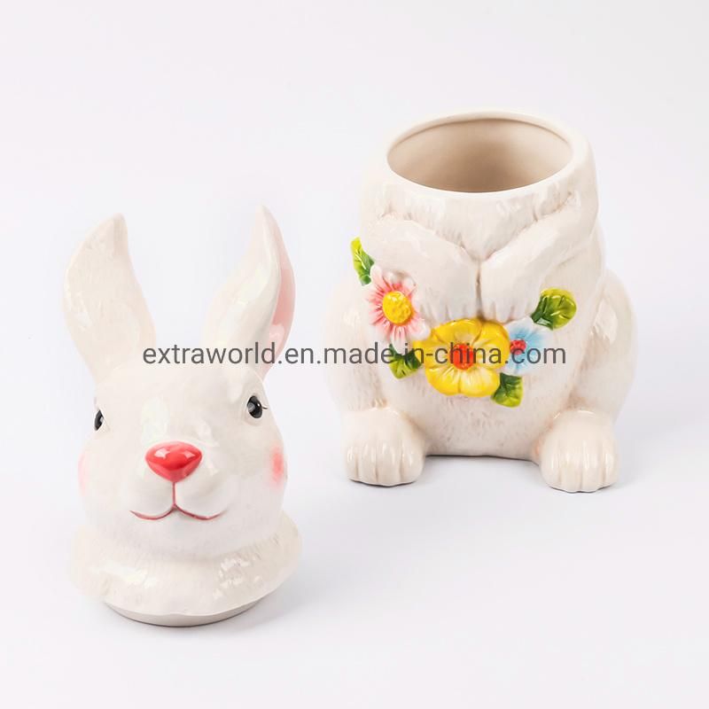 Colored Drawing Cute Rabbit Ceramic Big Canister Cookie Jar with Lid Kitchen Decoration