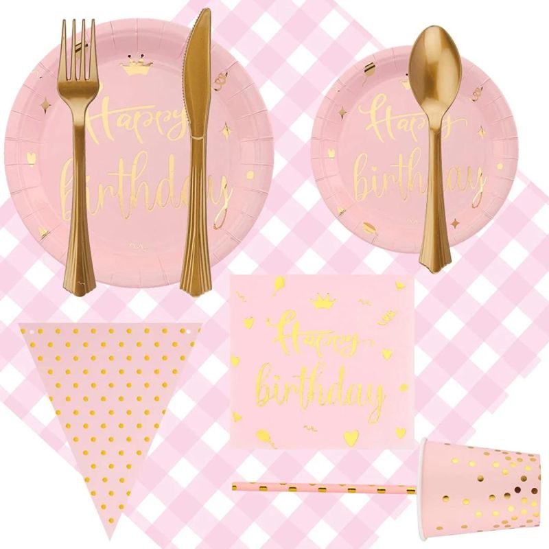 Pink Gold Birthday Plates Happy Birthday Party Supplies Tableware