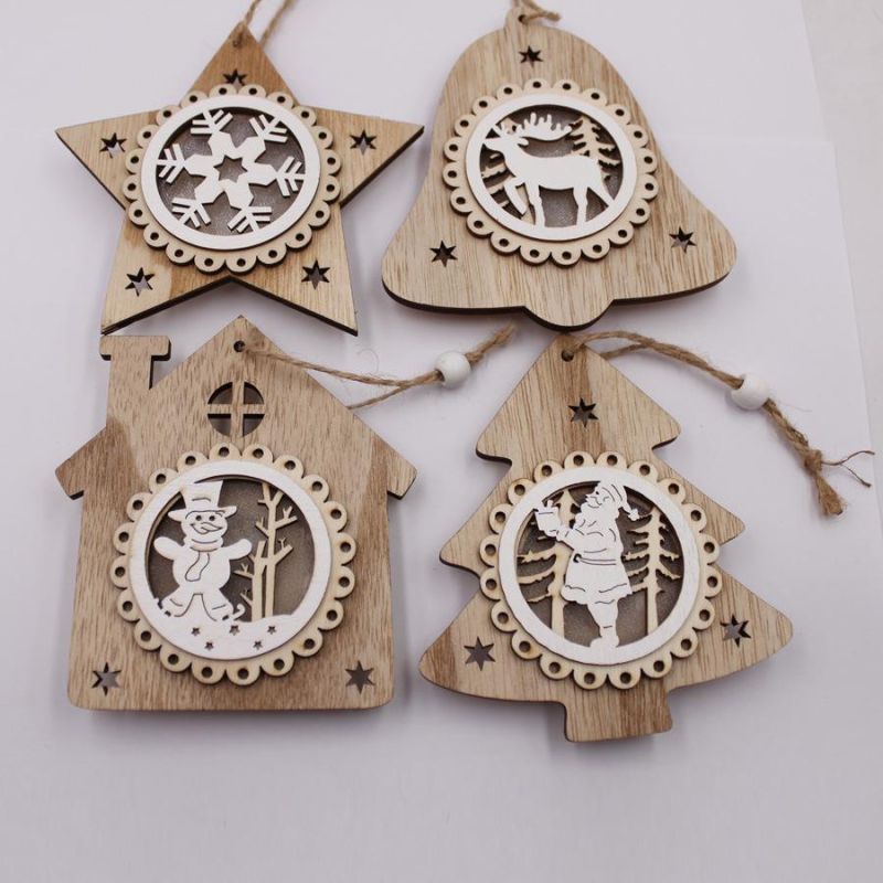 Wooden Santa Claus House Snowman Christmas Decoration Light Glow Pendant Snowflake Ornament