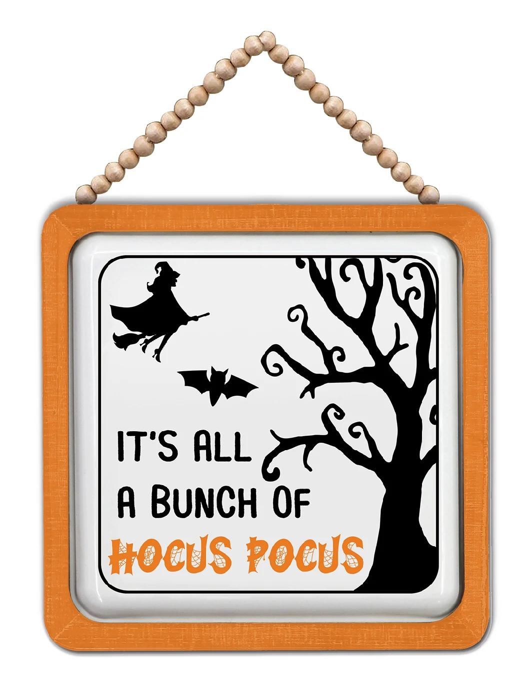 Customized Wooden Bead Decorated Wooden Frame Metal Halloween Sign
