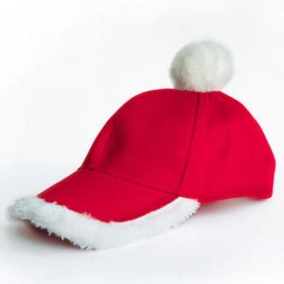 100% Cotton Red Baseball Type Christmas Santa Cap with Adjustable Velcro Strap with Cute Ball Top