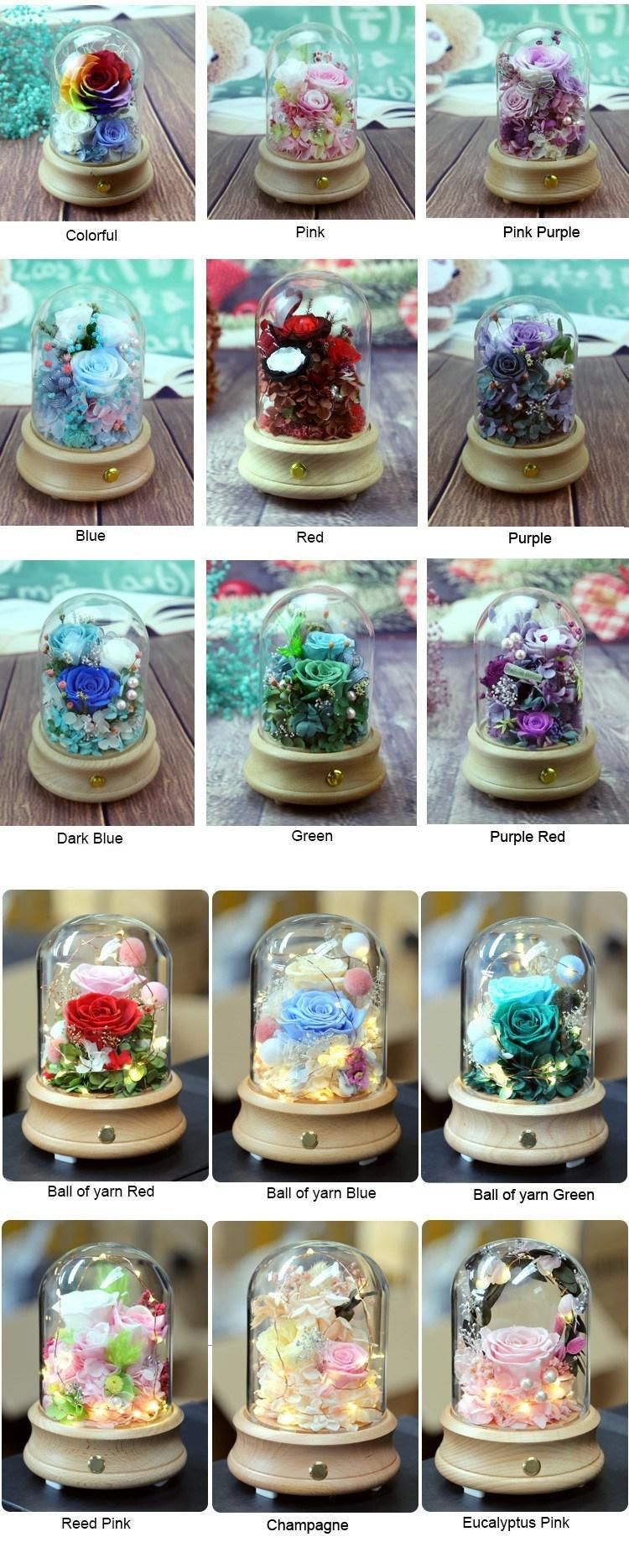 2018 Hot Christmas Gift Long Lasting Preserved Roses Preserved Flower in Glass Dome with LED Light and Music Box