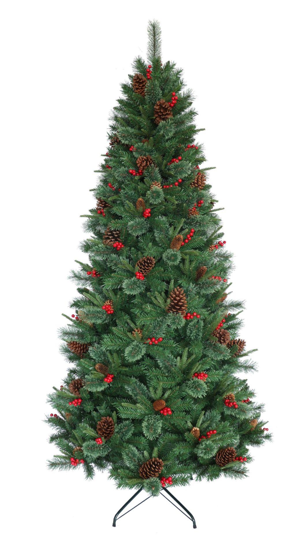 6.5FT Green PE, Flowering Pine Needle & PVC Mixed Tips Christmas Tree with Pine Cone and Red Berries