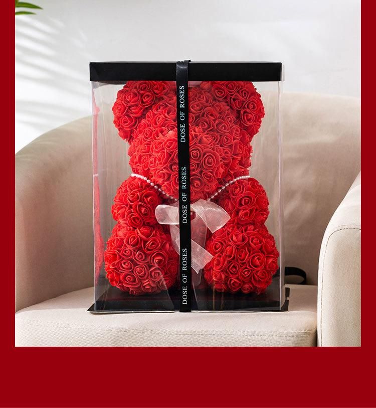 Rose Bear Hand Made Teddy Bear Flower Bear Rose Teddy Bear - Gift for Mothers Day, Valentines Day, Anniversary & Bridal Showers Weddings Clear Gift Box 10 Inch