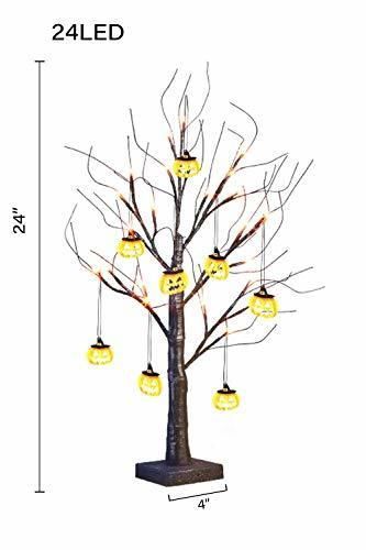 2FT Halloween Black Tree Battery Powered with 24 Orange Lights and Pumpkin Ornaments Light up Bonsai Tree for Halloween Indoor Tabletop Decoration