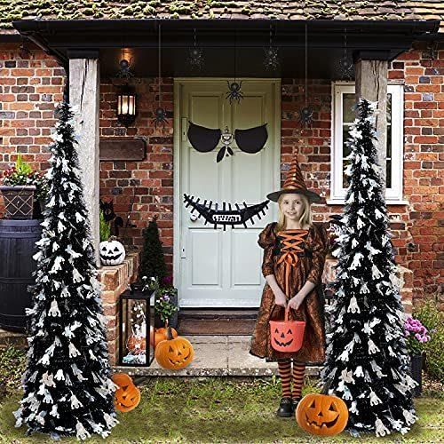 5FT Pop up Tinsel Christmas Slim Black Trees W/Shiny Ghost, Collapsible Artificial Pencil Halloween Tree with Plastic Stand Decoration