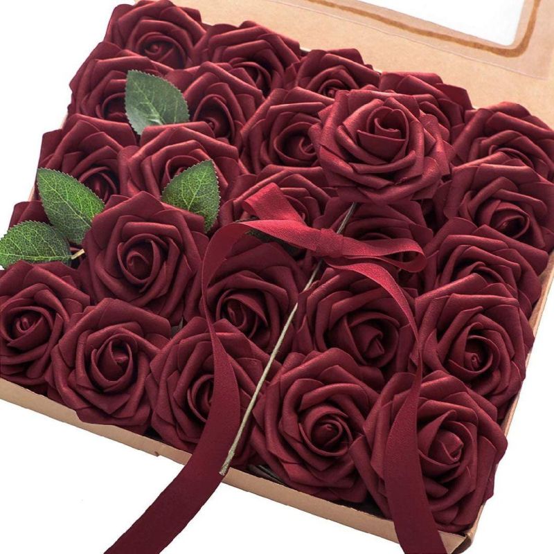 Amazon Artificial Flowers 25PCS Real Looking Burgundy Foam Fake Roses with Stems for DIY Wedding Bouquets Red Bridal Shower Centerpieces Party Decorations