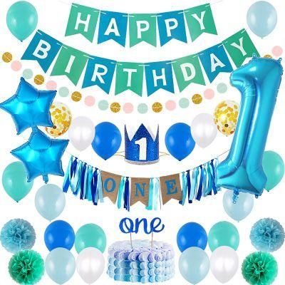 Happy Birthday Party Balloons Set Blue Birthday Balloons Set with Paper POM POM Blue