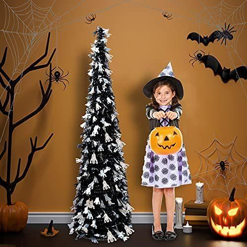 5FT Pop up Tinsel Christmas Slim Black Trees W/Shiny Ghost, Collapsible Artificial Pencil Halloween Tree with Plastic Stand Decoration