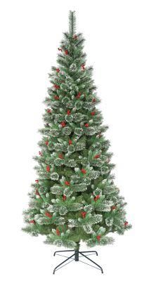 10FT Frosted Green Flowering Pine Needle &amp; PVC Mixed Tips Christmas Tree with Red Berries