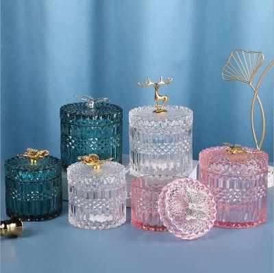 Empty Diamond Cutting Thick Hand Made Glass Multi-Colored Holder Candle Jar with Lid