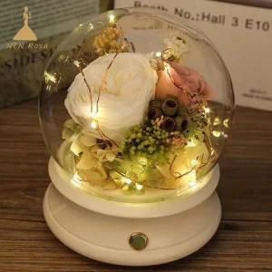 Everlasting Flowers LED Light Music Player in Glass Dome for Her