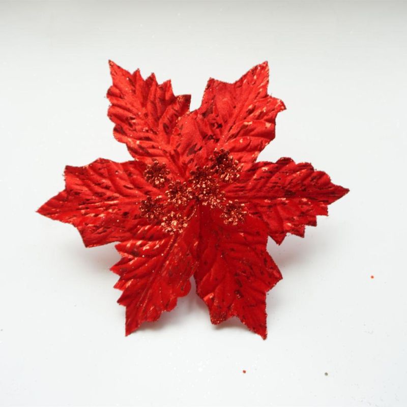 Cheap Artificial Glitter Red Christmas Flower Wholesale Poinsettia