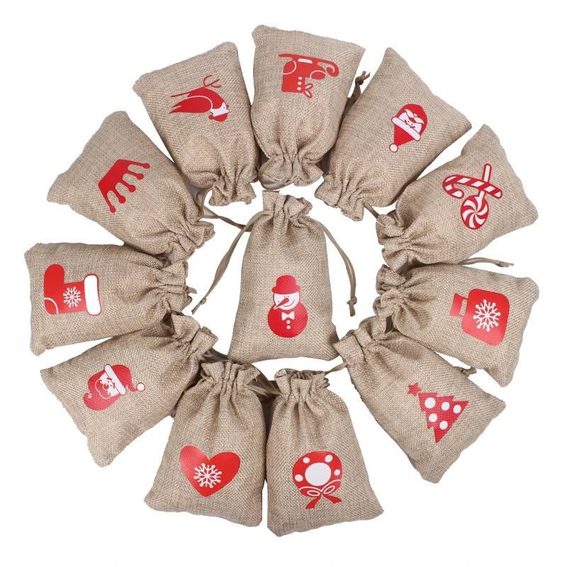 Christmas Linen Bags with Drawstrings Christmas Burlap Goody Gift Bags with Double Jute Drawstrings, Snowman, Santa Claus, Penguin and Elk