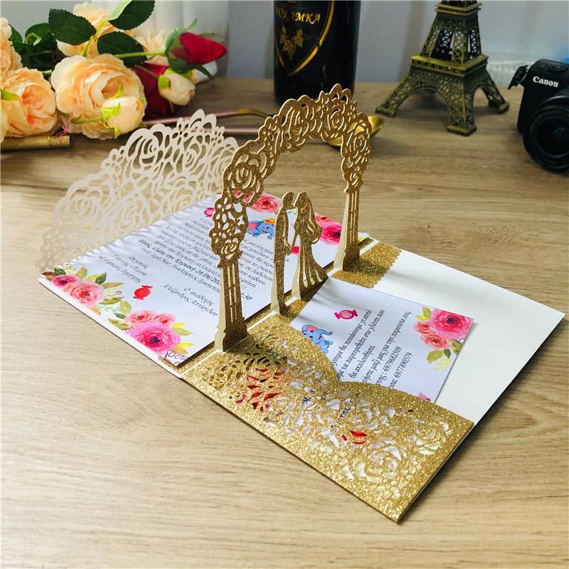 Glitter Laser Cut 3D Handmade Pop up Wedding Invitation Card