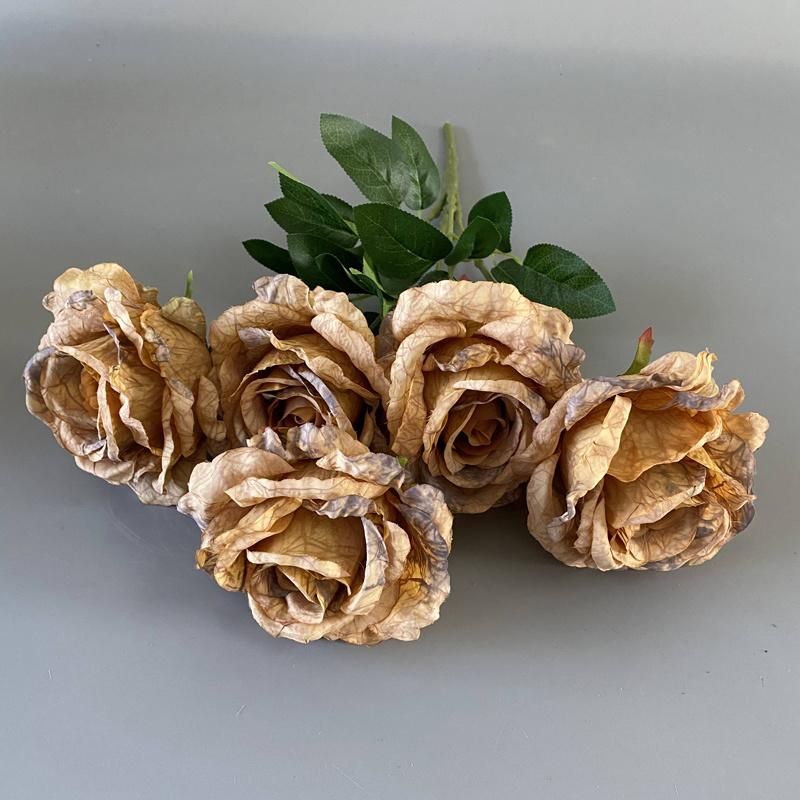 Hot Sale Quality Silk 5heads Rose Flower Silk Rose Flower Bouquet for Wedding Decoration