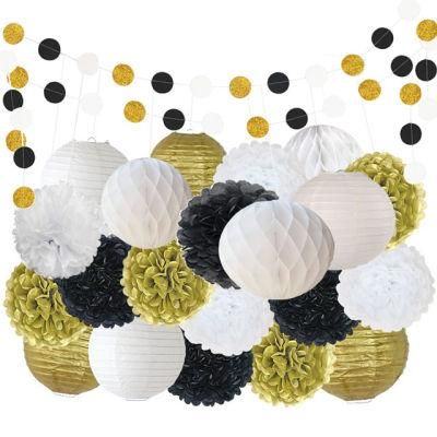 Wedding Paper Lanterns Mixed Honeycomb Balls Gold White Black Paper Lanterns Tissue Flower POM Party Wedding Hanging Decor