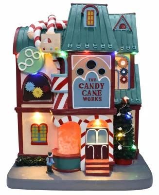Christmas Decoration Candy Factory with LED Warm Lights and Gear Rotation, Popcorn Function with Music
