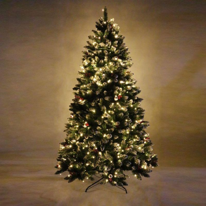 Factory Price 3FT /5FT / 6FT / 7FT Green PE and PVC Mix Flock Tree with Pinecone and Red Berries with LED Lights