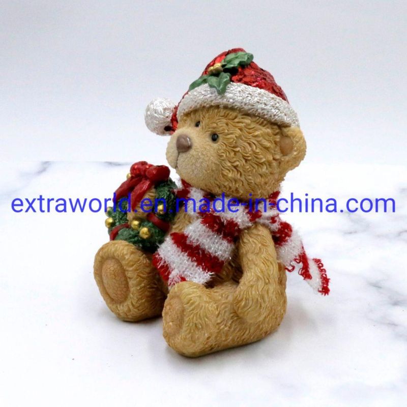 Handpainting Resin Christmas Teddy Bear with Glitter Coating Decoration