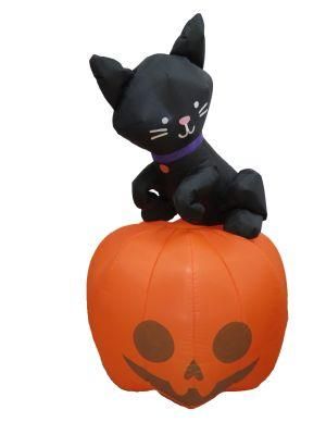 5FT Halloween Inflatable Black Cat on Pumpkin, Blow up Yard Decoration with Build-in LEDs