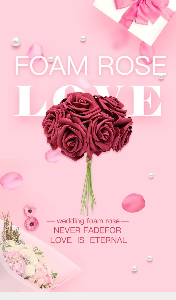 Boxed Foam Flower 8cm Artificial DIY Foam Rose Flower PE Rose Flower Head with Iron Stem for Decor