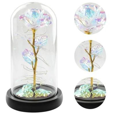 Factory Wholesale Custom Galaxy Rose in Glass Dome Rose LED Lights Wooden Base Flower Glass Dome