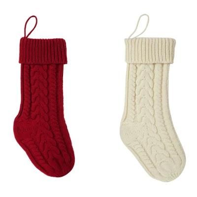 18 Inches Burgundy, Ivory, Green Knitted Christmas Stockings, 1 Pack