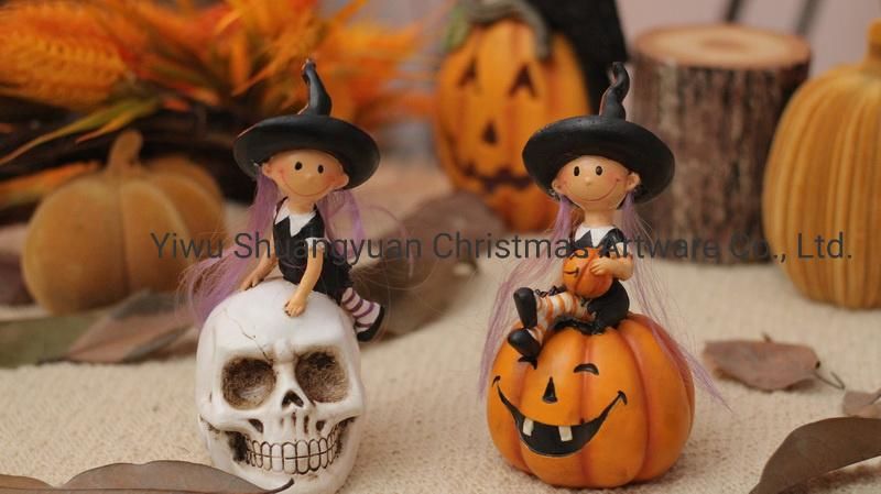 Home Decoration Halloween Crafts Wholesale Resin Girl Halloween Decoration with Pumpkin and Skeleton