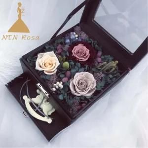 Luxury Preserved Roses Gift in Square Black Leather Box with Drawer