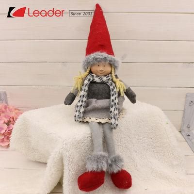 Best Selling Lovely Newest in Grey Knitting with Red Hat Christmas Sitting Doll Figurine, Fabric Crafts for Table Decoration and Holiday Gifts