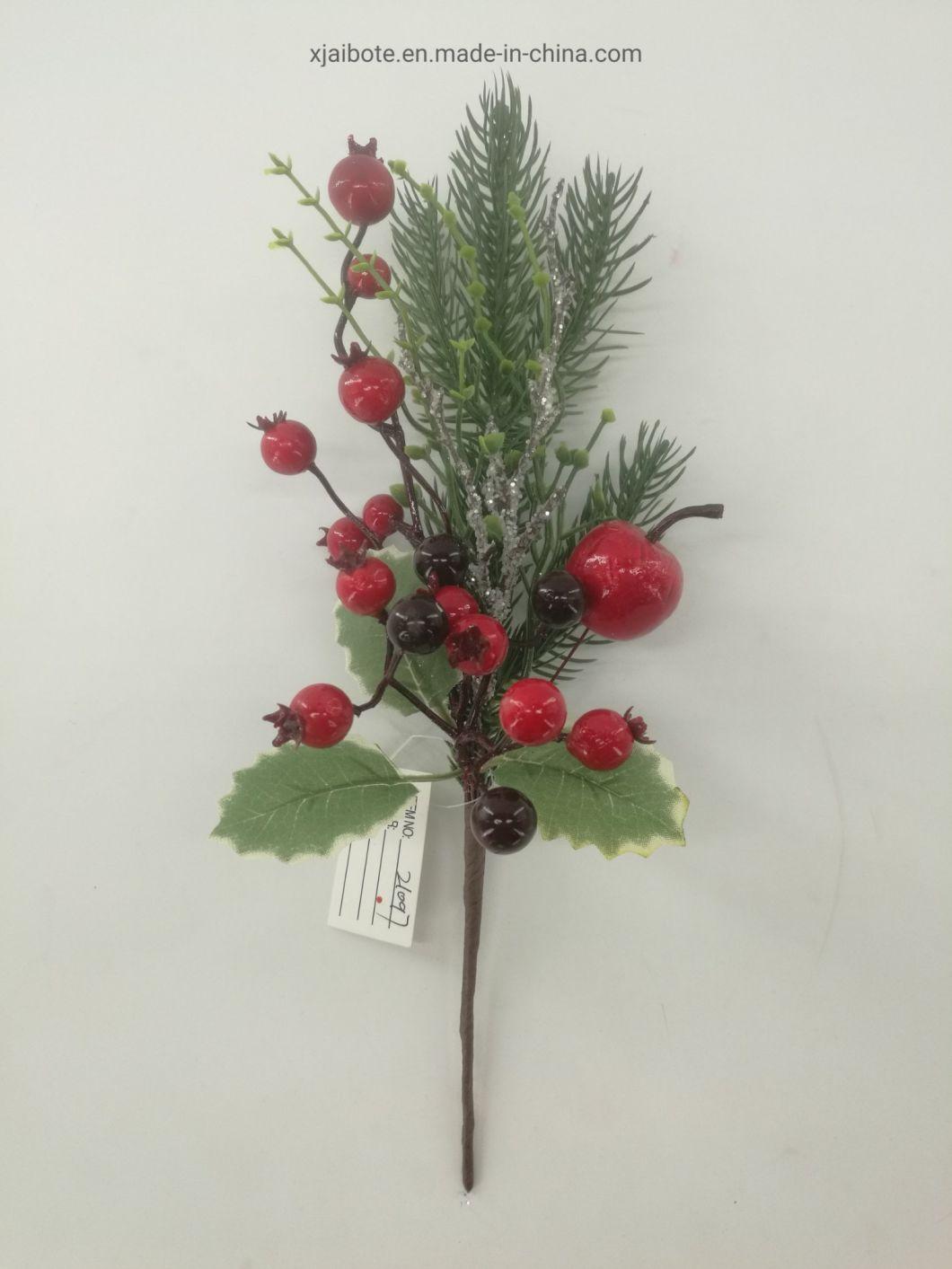 Modern Design Christmas Ornaments Tree Leaves Artificial Plastic Wire Red Fruit Festival Decorations