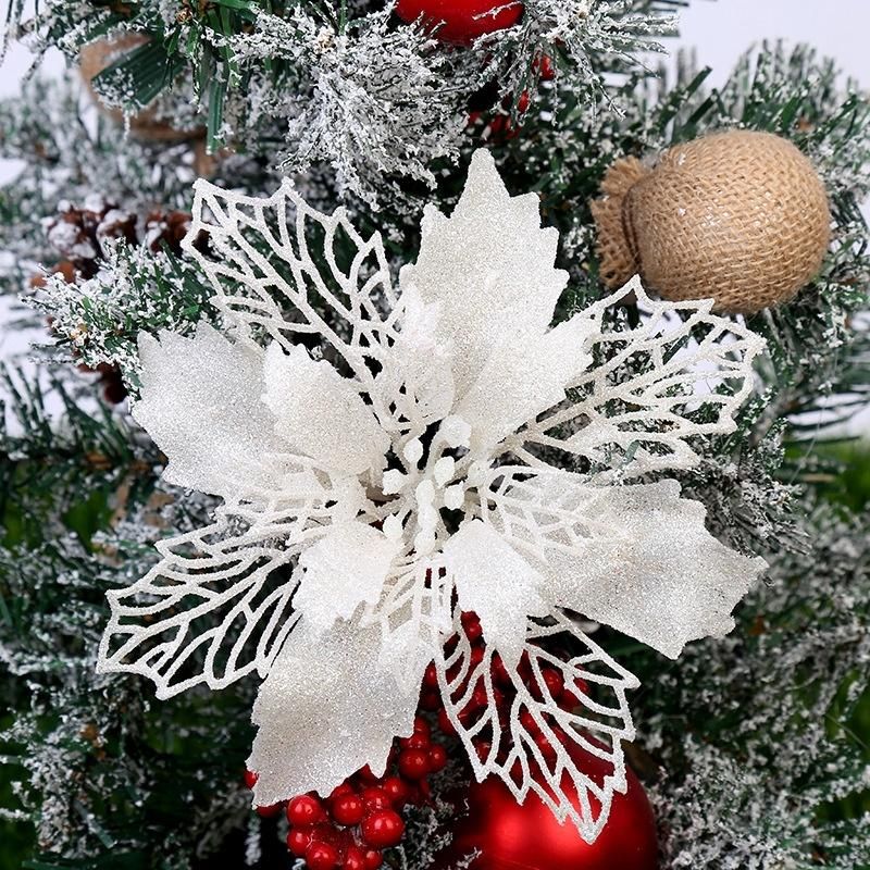 Glitter Artificial Poinsettia Flowers Christmas Wreath Christmas Tree Flowers Ornaments