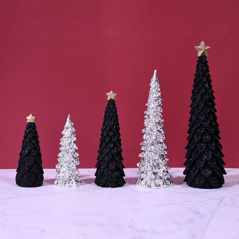 Silver and Black Resin Glittered Christmas Trees- 5.7 Inches to 11.2 Inches Tall