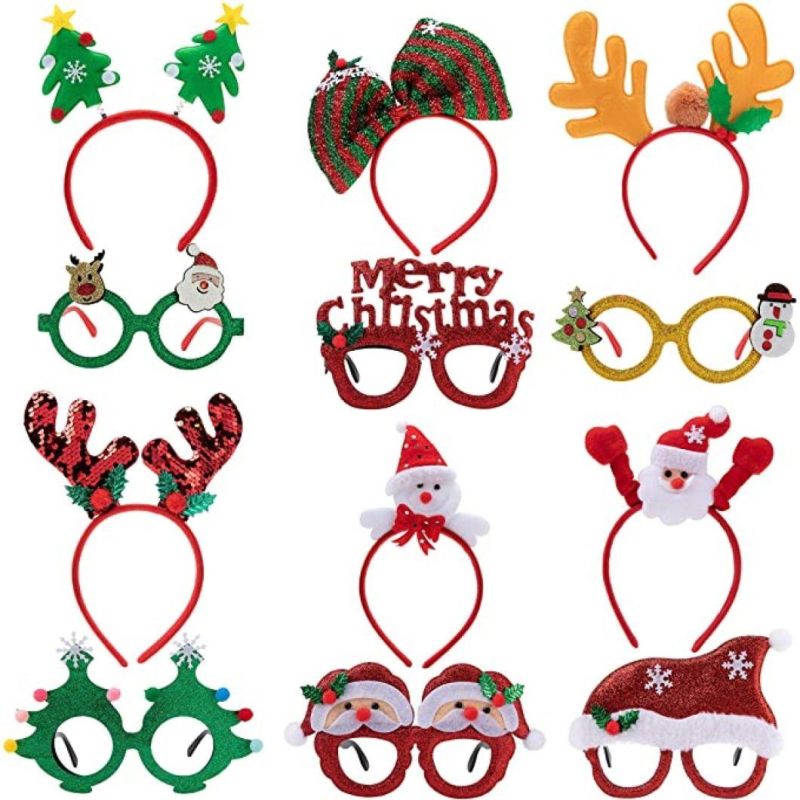 Christmas Headbands and Glasses Frames Bundle Set for Christmas Party Favors