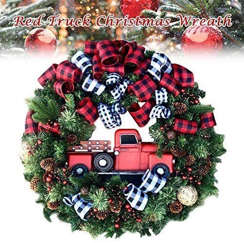 Christmas Wreath Front Door Decoration Wreath Red Truck Berry Winter Wreath Hanging Artificial Christmas Garland for Home Wedding Party Outdoor Indoor Decorati