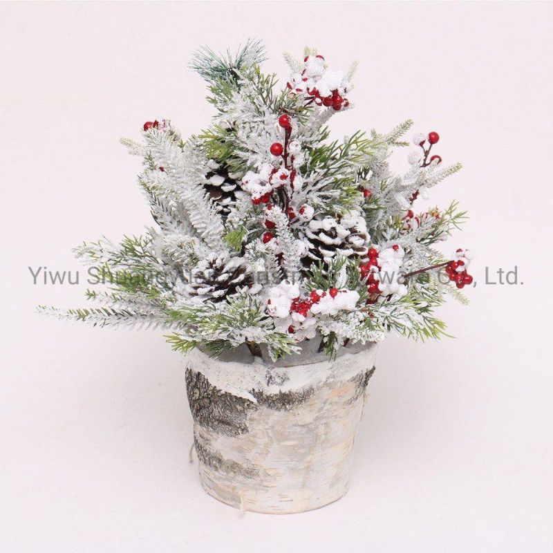 25cm PE Artificial Christmas Deco Tree with Flower Leaf Pinecone Snow Red Berry