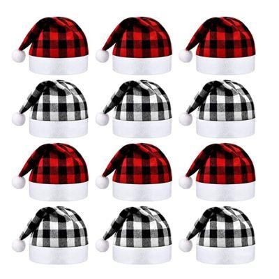 12 Pieces Christmas Santa Hat Xmas Non Woven Fabric Hat Santa Plaid Cap for Xmas Holiday Party (Red Black and Black White)