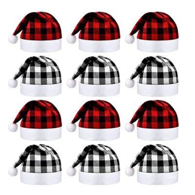 12 Pieces Christmas Santa Hat Xmas Non Woven Fabric Hat Santa Plaid Cap for Xmas Holiday Party (Red Black and Black White)