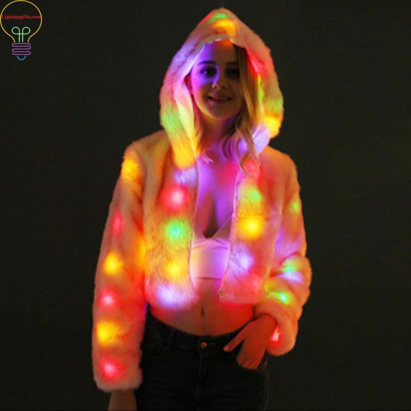 LED Coat, Hooded Jacke, Night Dress Rabbit Hair Pink Coat.