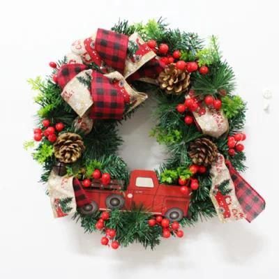Customized 40cm Dia Christmas Wreath with Car Ribbon Red Cherries Decorations
