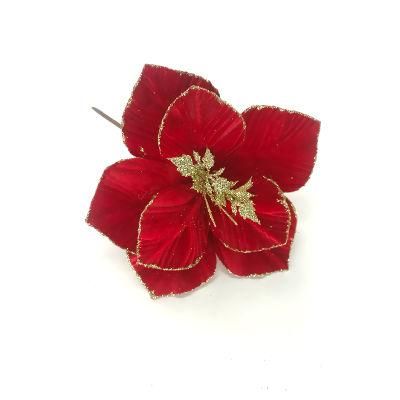 Christmas Artificial Decoration Artificial Poinsettia Stem Velvet Red Poinsettia Stem with Glitter Petals Christmas Floral Decoration