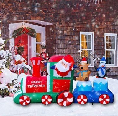 8FT Long Inflatable Cute Santa Train with Elf and Penguin with Built in Fan