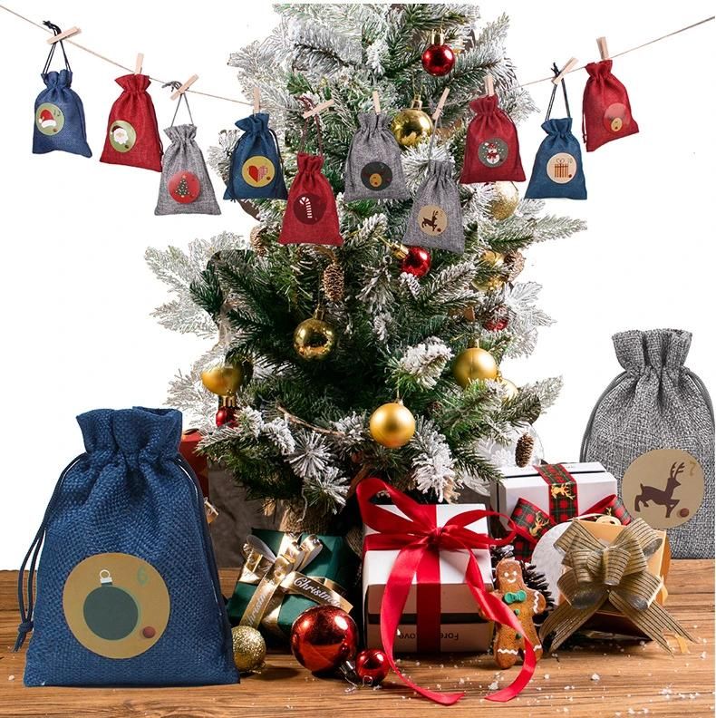 24 PCS Christmas Rustic Linen Goody Bags Wedding Reception Small Gifts Wrap Sack Drawstring Burlap Bag Pouch for Candy, Jewelry, Chirstmas Tree Decorations