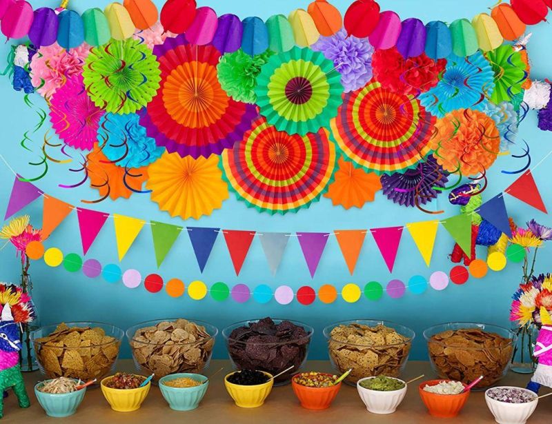 Wholesale 35 Piece Carnival Paper Fan Party Decorative Set - Cinco De Mayo Pompons, Pennants, Garland Ropes, Banners, Hanging Whirlpool Decor Supplies